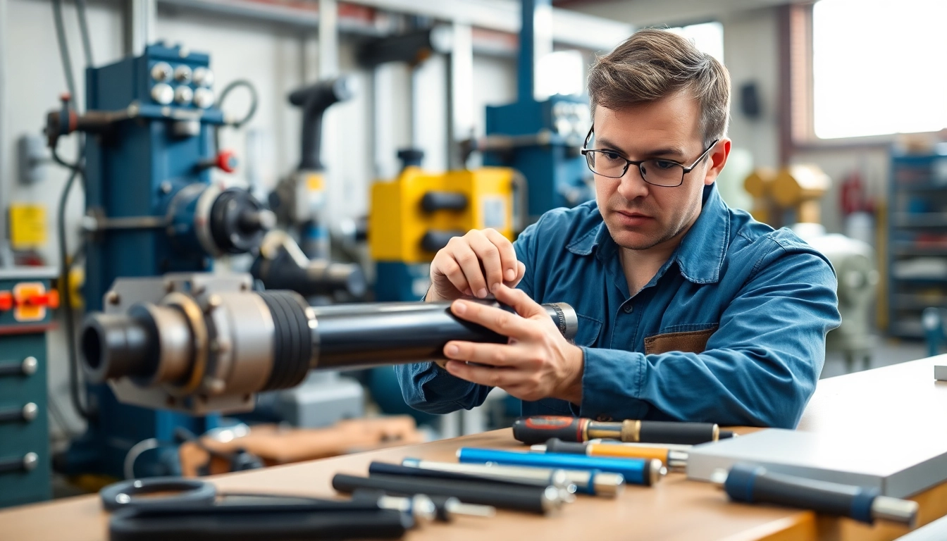 Performing hydraulic cylinder repair with precision tools in a professional workshop setting.