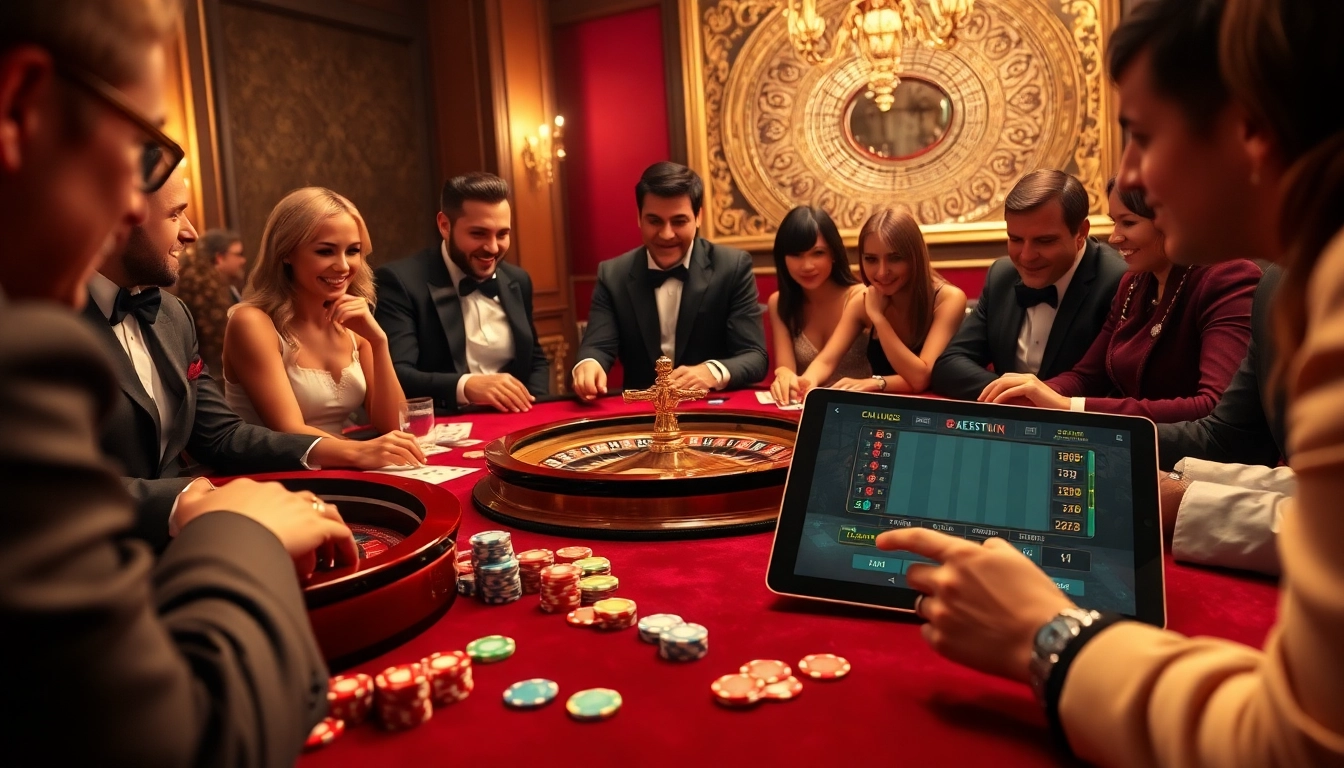 Des joueurs engagés ressentent l'excitation en jouant à une table de casino en ligne 2026 avec des jetons de poker et des cartes.