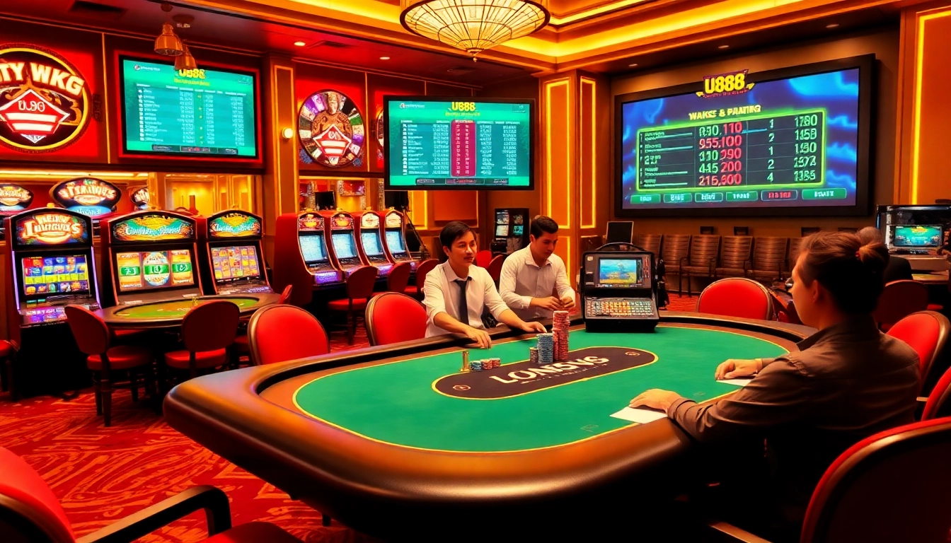 Excited players betting on U888's vibrant slot machines in a luxurious casino setting.