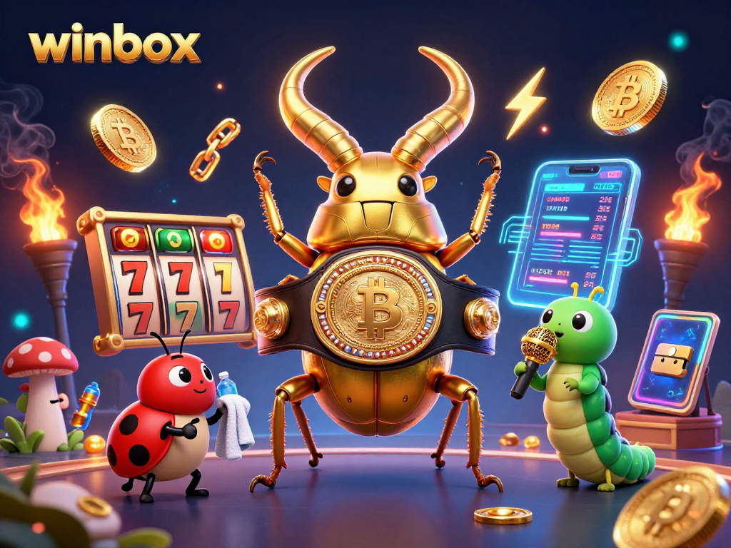 Winbox gaming scene featuring slots and cryptocurrencies with vibrant 3D characters.