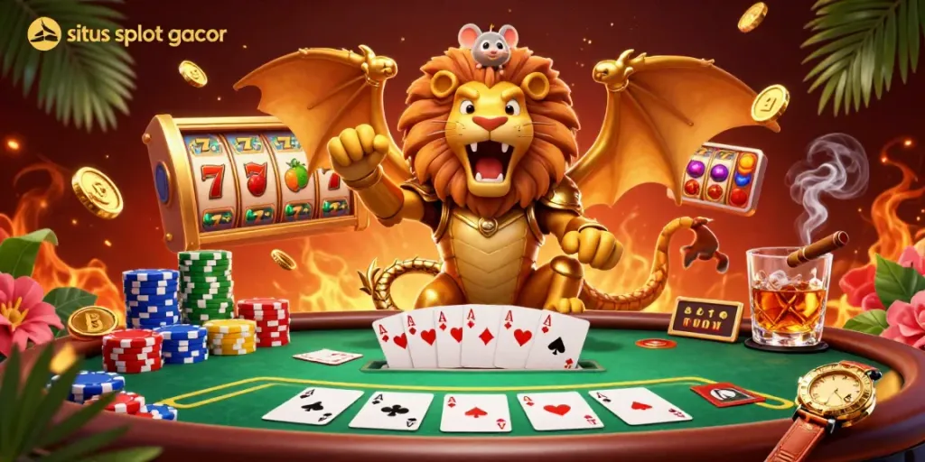 Ilustrasi 3D detail tinggi menampilkan situs slot gacor dengan elemen permainan slot dan pemenang jackpot.