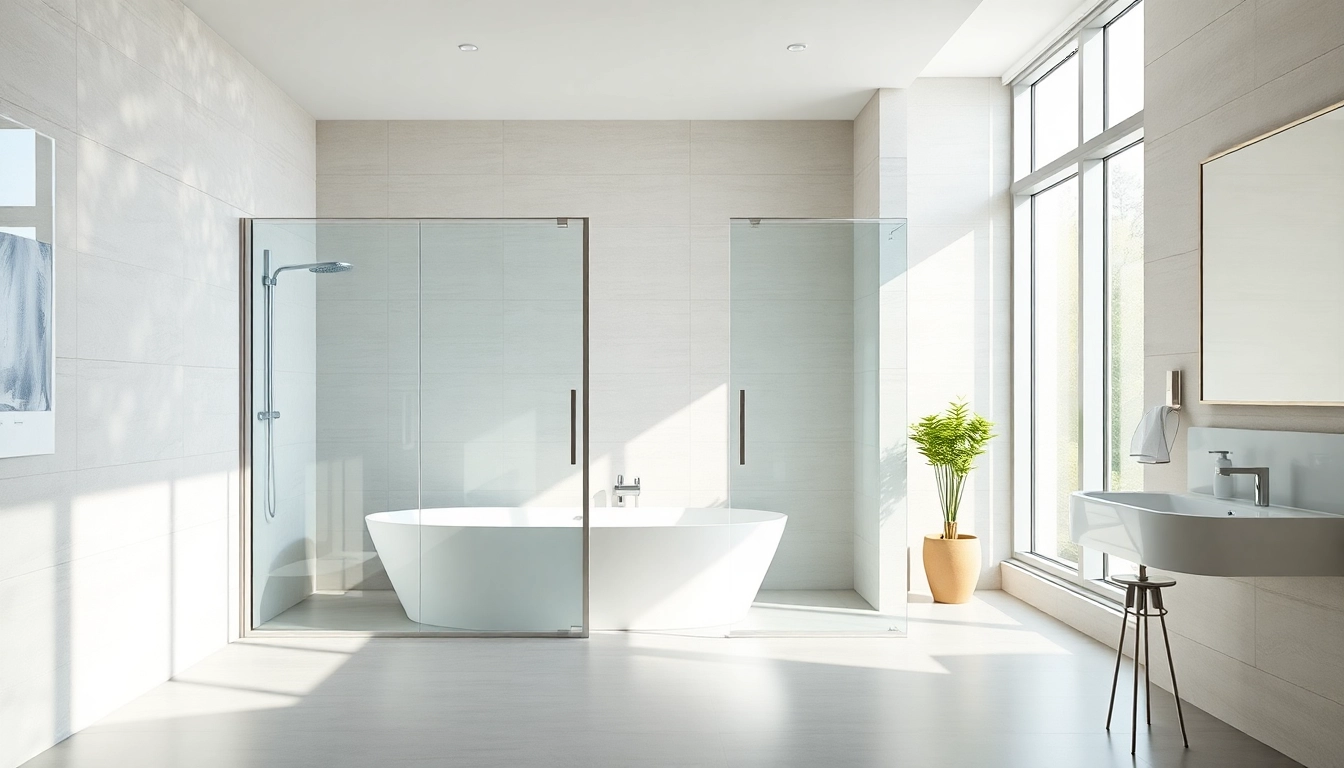 View modern shower sliding doors enhancing this stylish bathroom's elegance and functionality.