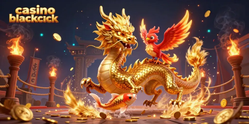 Juega casino blackjack en una escena vibrante con dragón dorado y peces de la suerte.