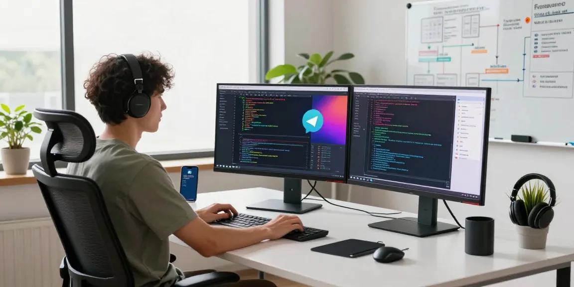 Developer using the telegram中文版 interface on multiple screens in a modern workspace.