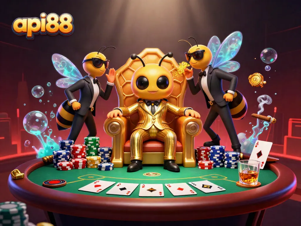 api88 showcases a thrilling poker scene with a bumblebee mob boss and vibrant casino elements.