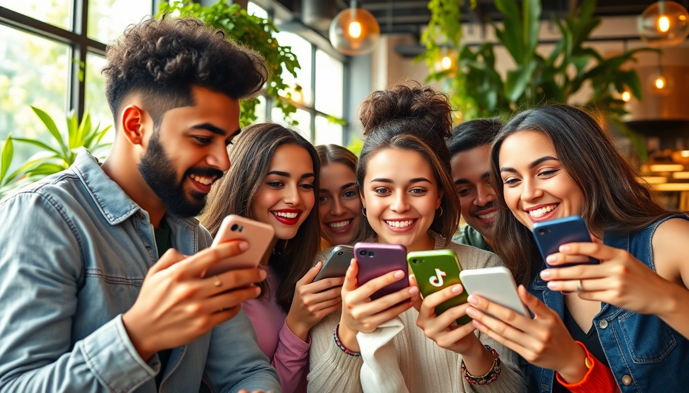 tiktok いいね 購入のために笑顔でスマホを操作する若者たち
