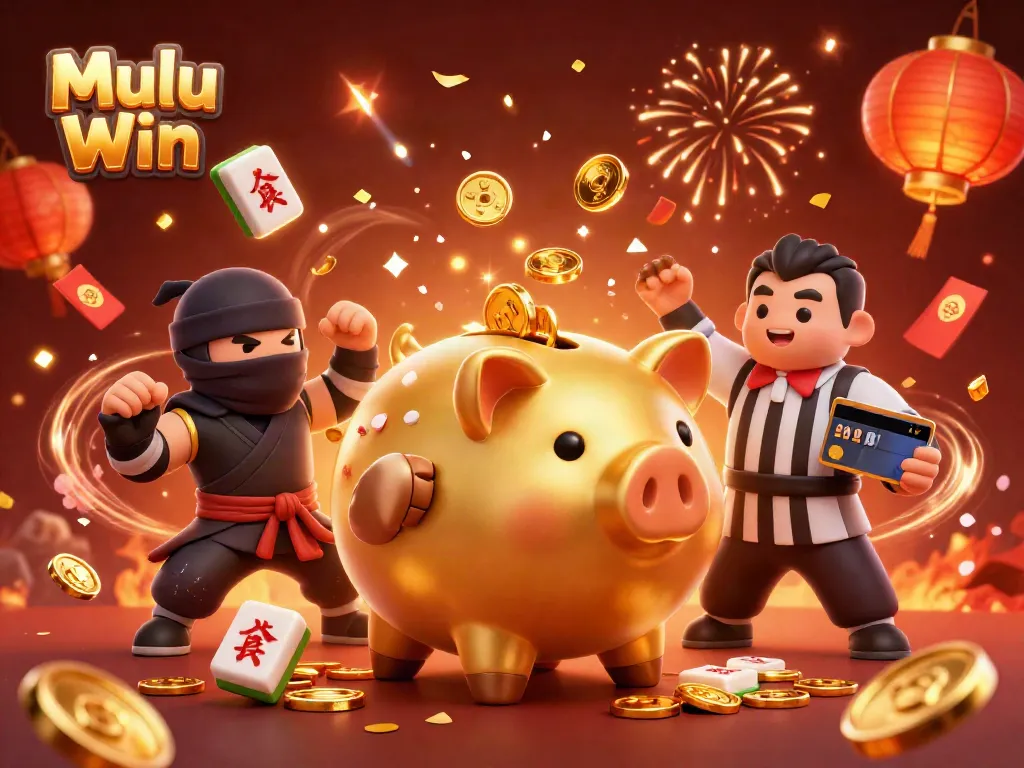 Experience thrilling gameplay with Mulu Win's vibrant characters and festive elements in this casino-themed scene.