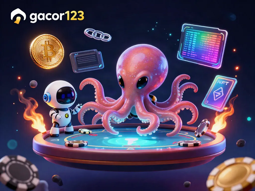 Experience gacor123's thrilling poker scene with a cartoon alien octopus and floating crypto elements in a vibrant cosmic setting.