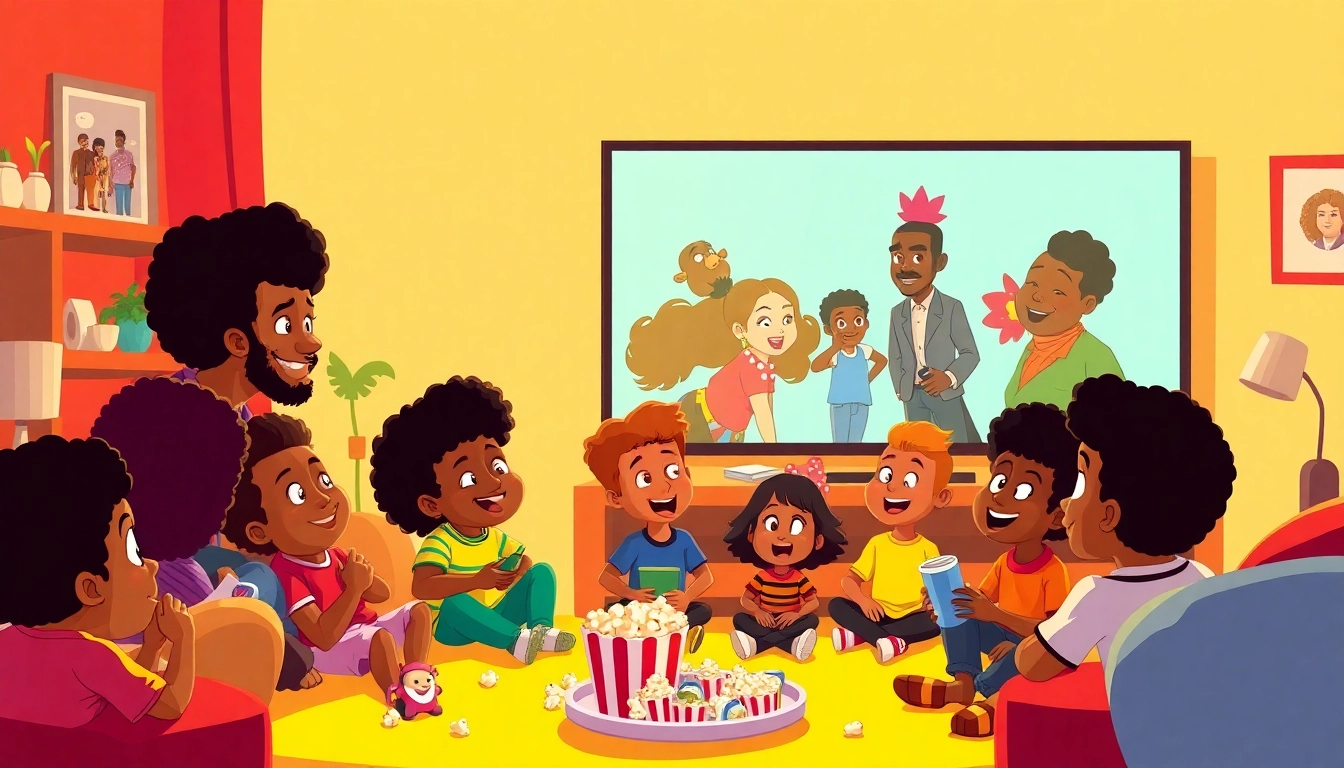 Diverse children enjoying African American Cartoons together in a cozy living room.