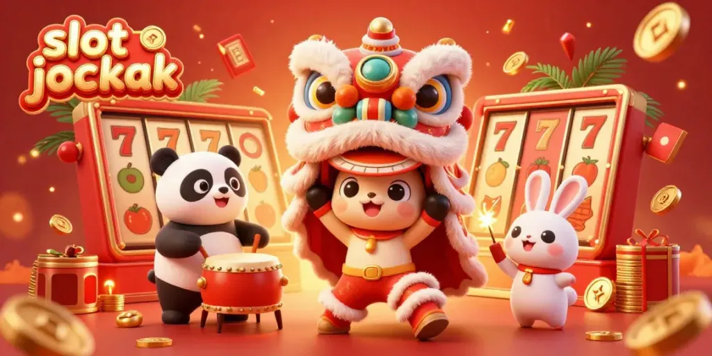Rasakan keseruan slot jackpot dengan ilustrasi meriah dari karakter dan elemen permainan yang memikat.