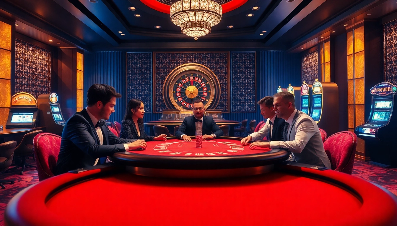 Experience thrilling gameplay at vin777 in a luxurious casino with poker tables and roulette wheels.