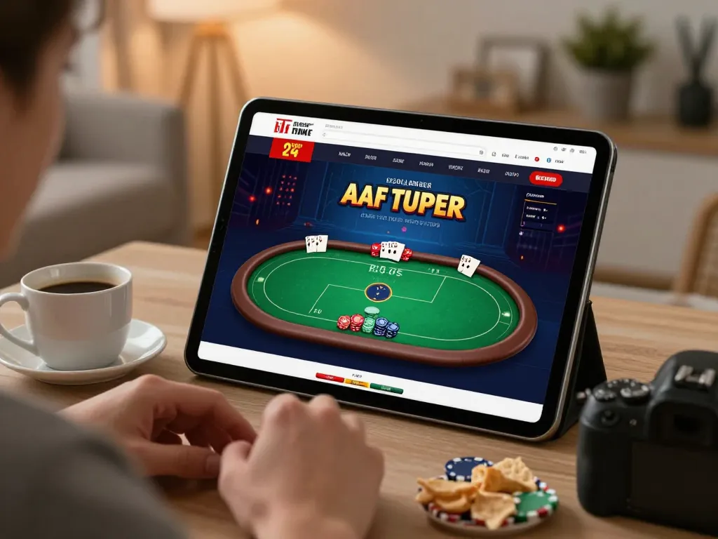 Player engaged in a 99win online poker game on tablet with cozy home setting