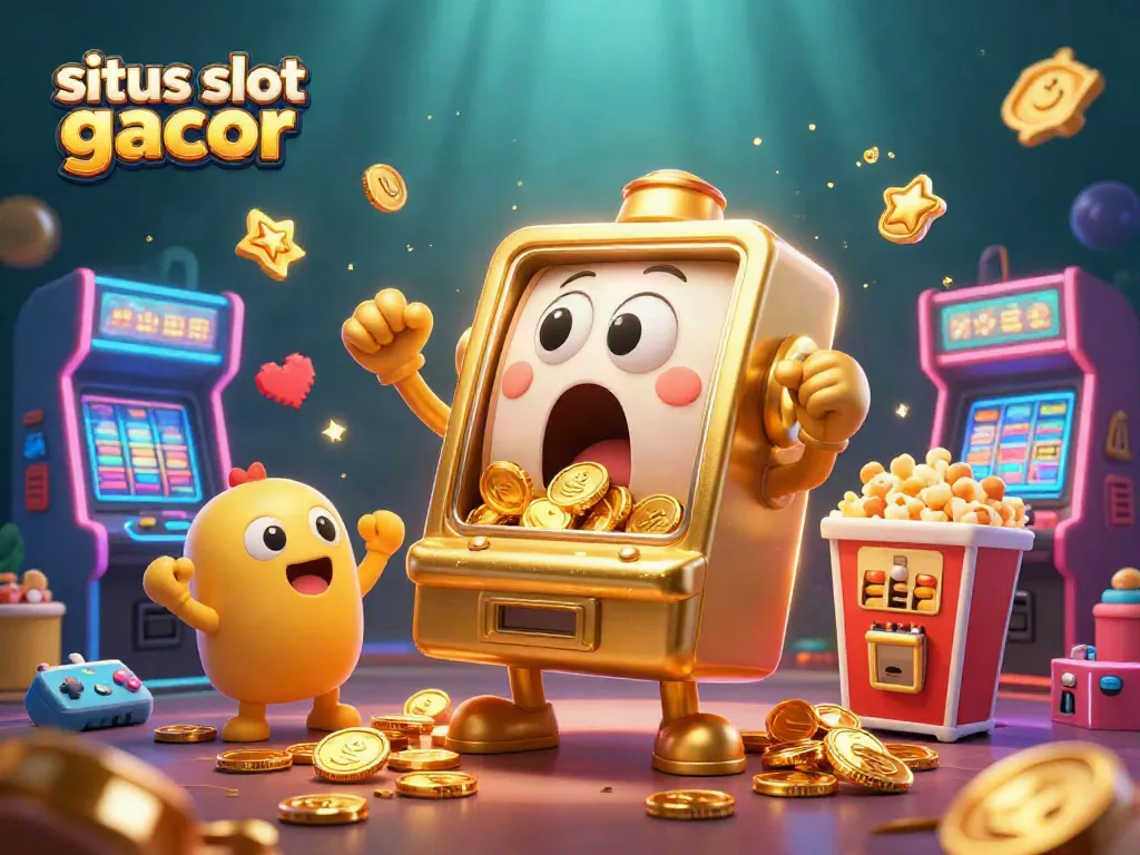 Situs slot gacor menghadirkan mesin slot emas kartun yang terkejut saat jackpot, dikelilingi oleh mesin slot kecil yang bersorak.