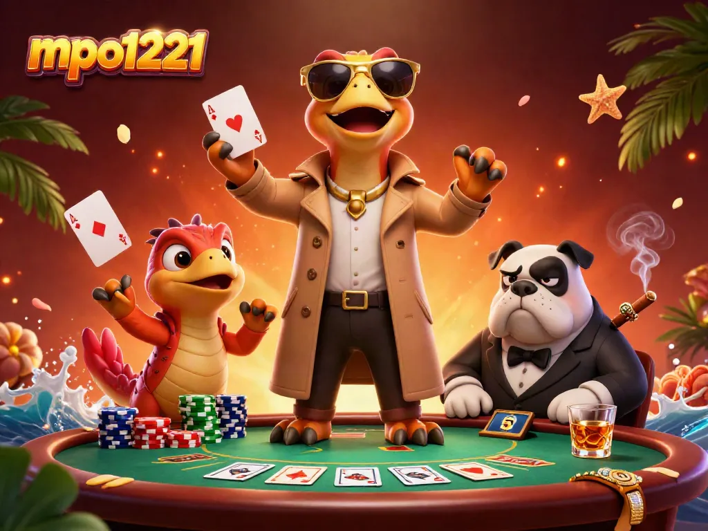 Experience the thrill of mpo1221 as three raptors play poker in a vibrant casino setting.