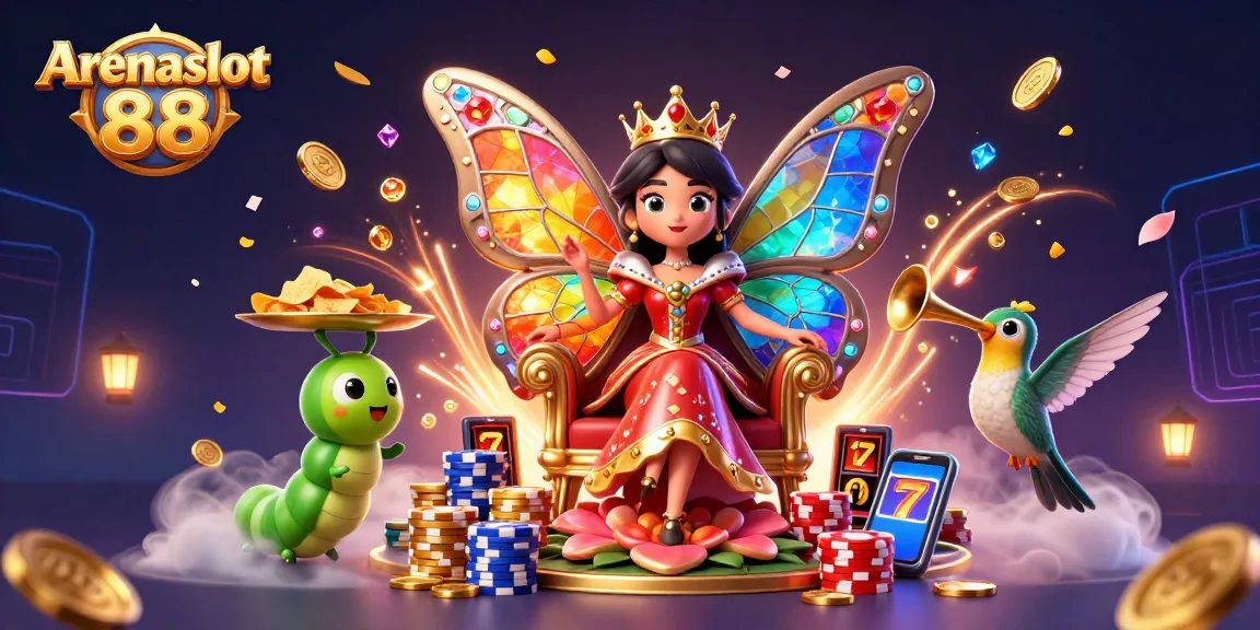 Arenaslot 88 memperlihatkan ilustrasi kasino digital dengan karakter ratu kupu-kupu dan elemen slot yang menarik.