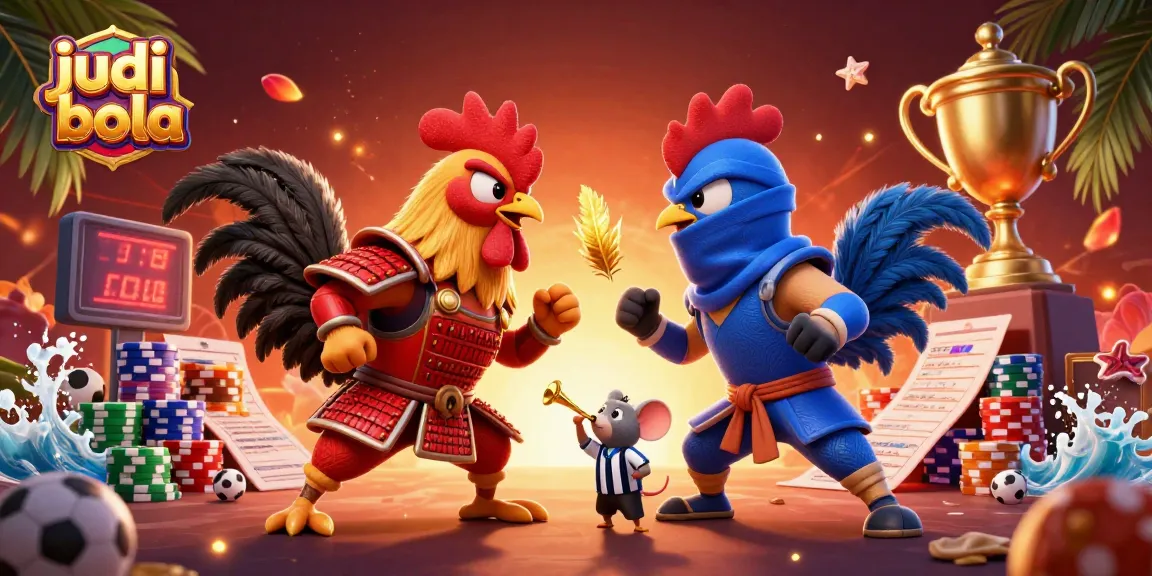 Engage in judi bola sports betting with twin roosters in an action-packed showdown, surrounded by vibrant game elements.