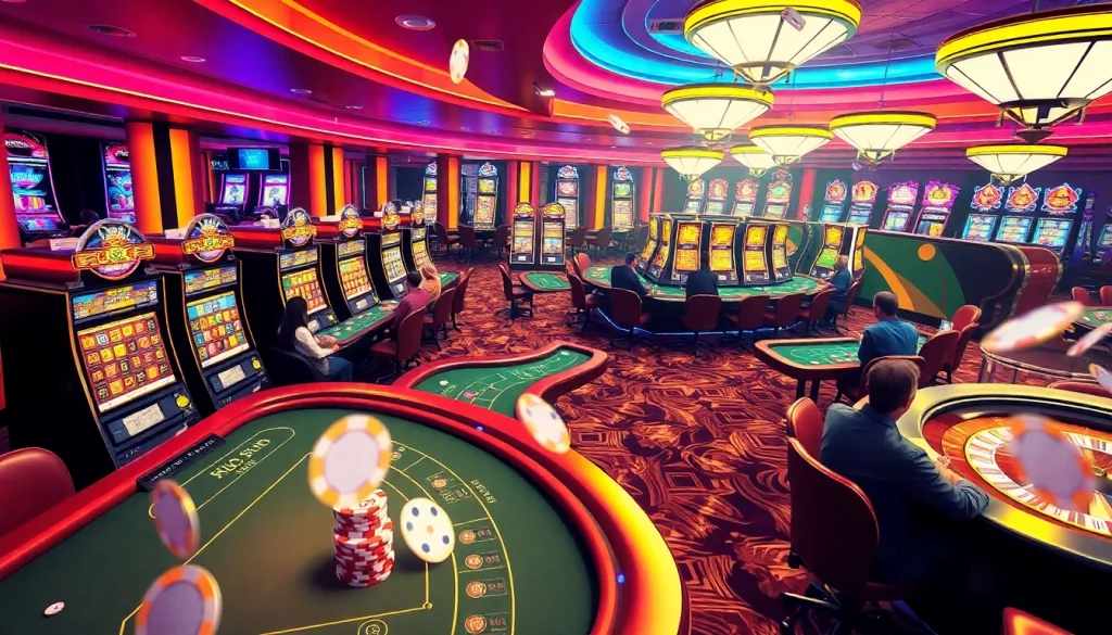 KJC AC casino scene with lively players at blackjack and roulette tables, slots and poker chips.