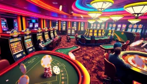 KJC AC casino scene with lively players at blackjack and roulette tables, slots and poker chips.