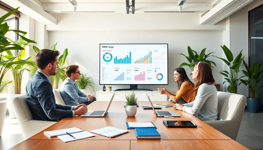 Engaged team discussing smm services with visual data insights in a modern workspace.