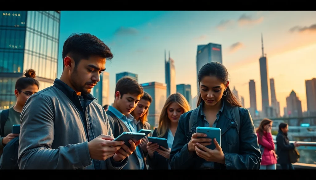 Engaging scene depicting Technology in urban life with people using smart devices.