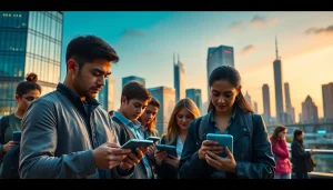 Engaging scene depicting Technology in urban life with people using smart devices.