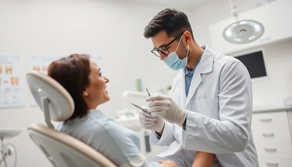 Dentist examining a patient in a modern clinic with bright lighting and reassuring atmosphere.
