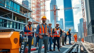 New York City General Contractor overseeing construction with skilled workers at an urban site.