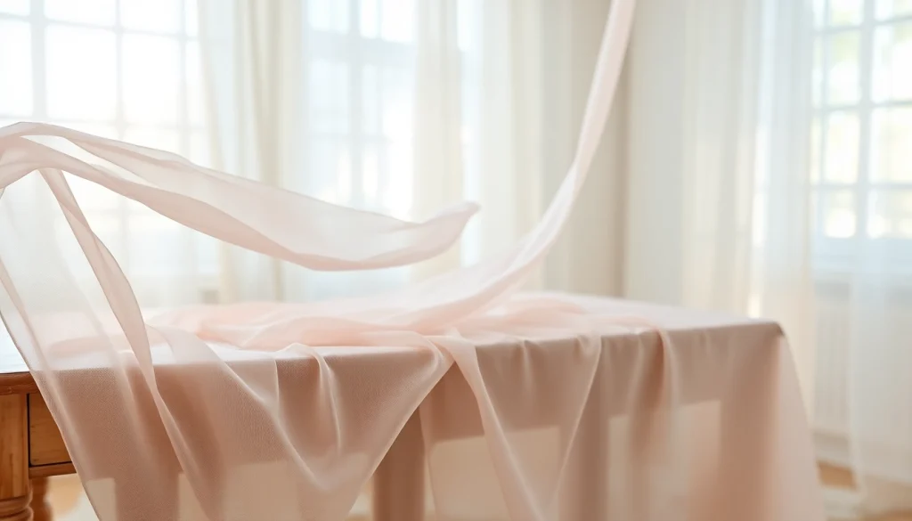 Mousseline stof in zachte pastelkleuren, elegant gedrapeerd op een vintage tafel.