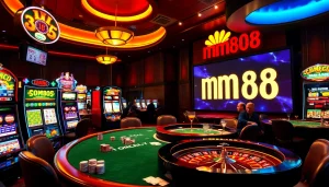Experience high-energy gameplay with mm88 video at the exciting poker table amid vibrant slot machines.