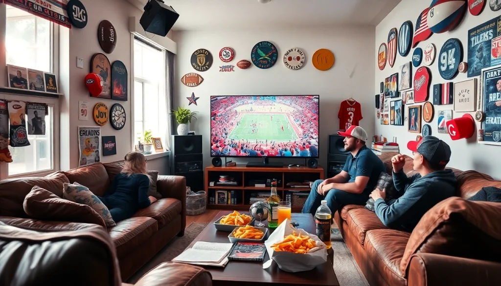 실시간스포츠중계를 즐기는 열정적인 스포츠 팬의 모습, 스포츠 기념품으로 꾸며진 거실에서.