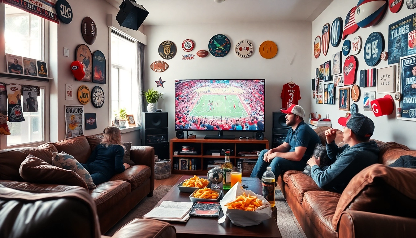 실시간스포츠중계를 즐기는 열정적인 스포츠 팬의 모습, 스포츠 기념품으로 꾸며진 거실에서.