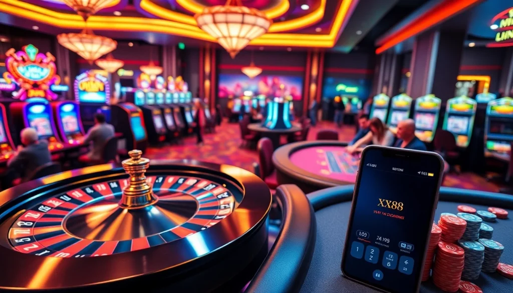 Players enjoy the luminous atmosphere at Nhà cái XX88 casino, betting at roulette and poker tables.