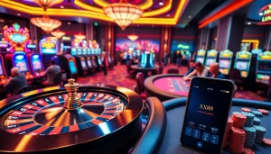 Players enjoy the luminous atmosphere at Nhà cái XX88 casino, betting at roulette and poker tables.