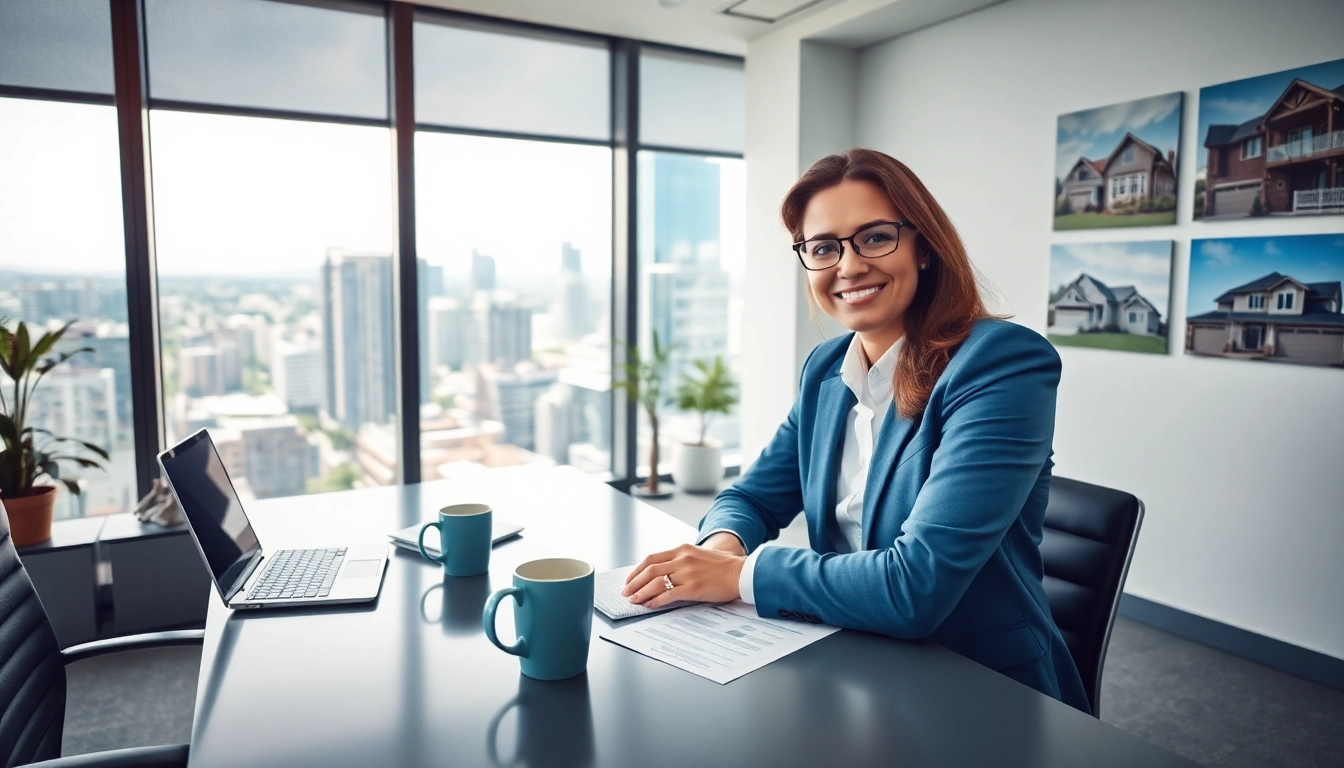 Real Estate agent presenting property listings in a modern office setting.