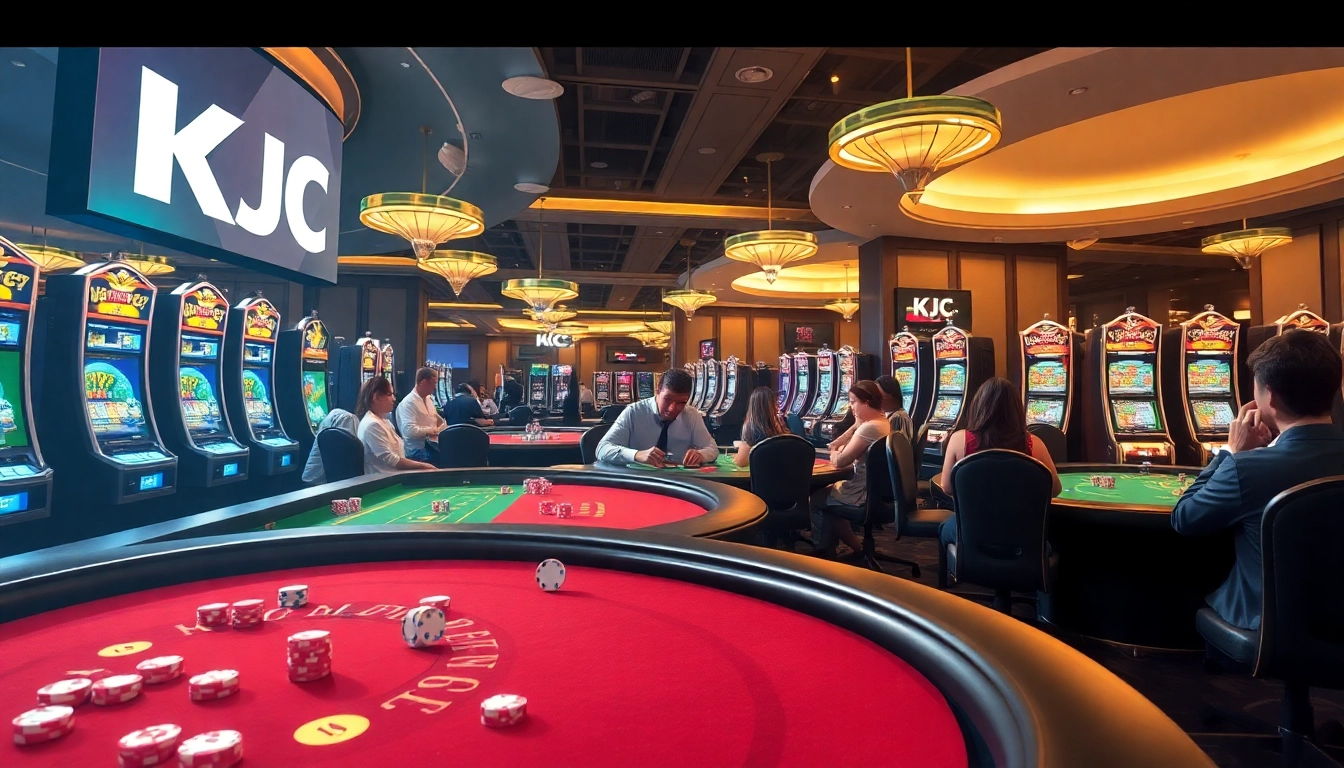 KJC AC casino scene showcasing players at poker and roulette tables with dynamic gaming activities.