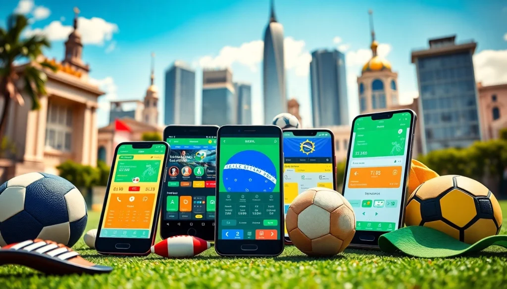 Illustration of best sports betting sites Brazil displaying vibrant online interfaces amidst iconic landmarks.