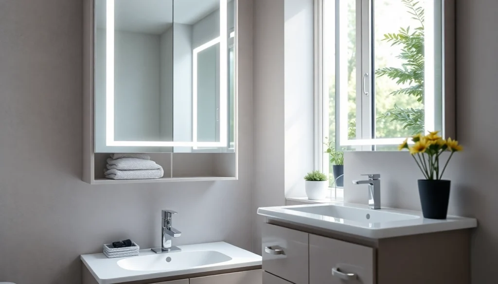 Stylish spiegelschrank mit led Beleuchtung in einem modernen Badezimmer-Design.