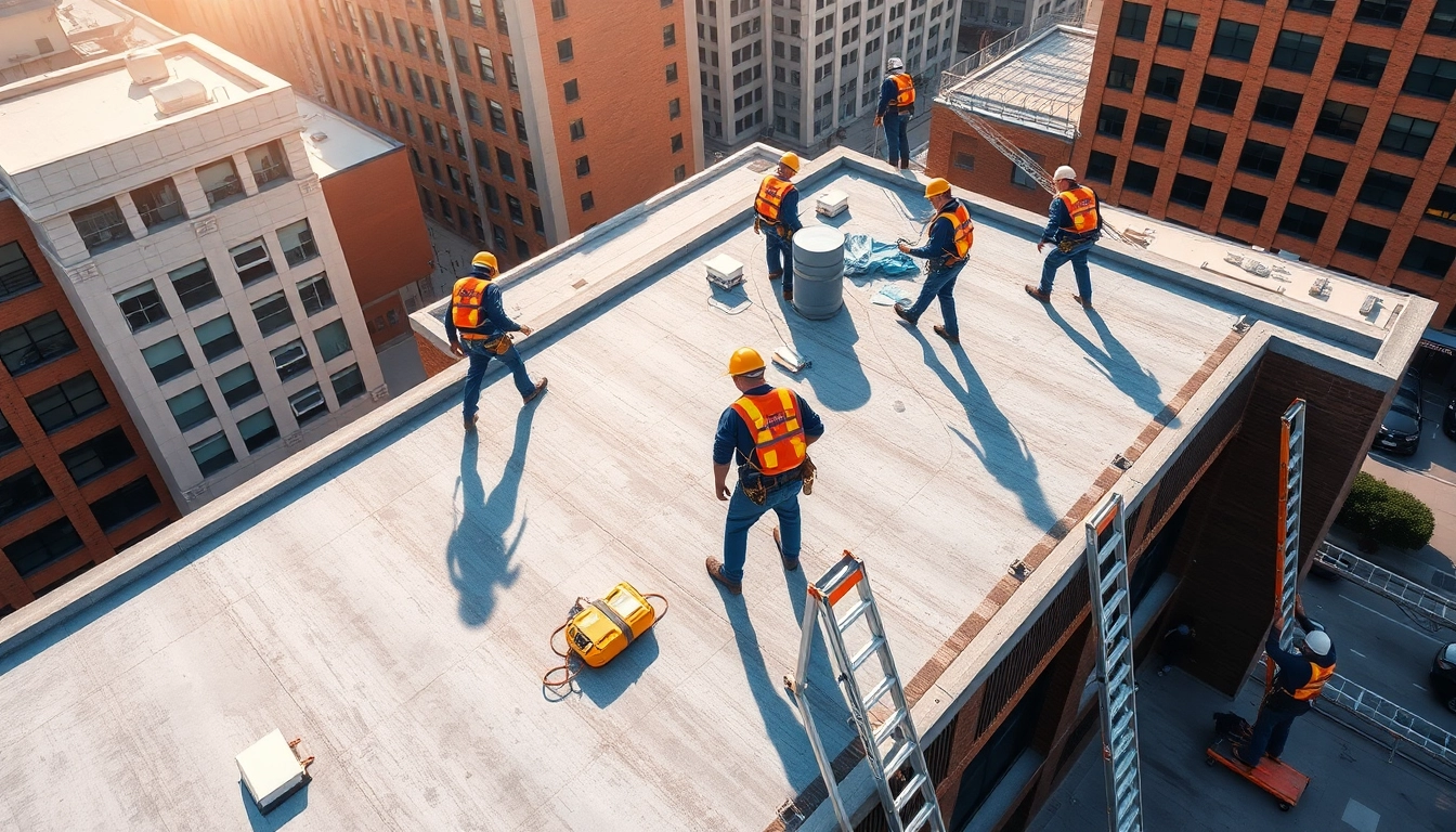 Experience reliable commercial roofing services with skilled professionals on an urban building.