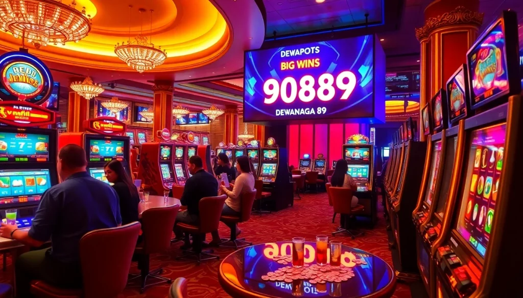 Para pemain merayakan kemenangan besar di mesin slot DEWANAGA89 dalam suasana kasino yang meriah.