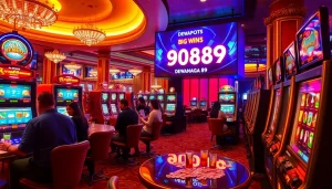 Para pemain merayakan kemenangan besar di mesin slot DEWANAGA89 dalam suasana kasino yang meriah.