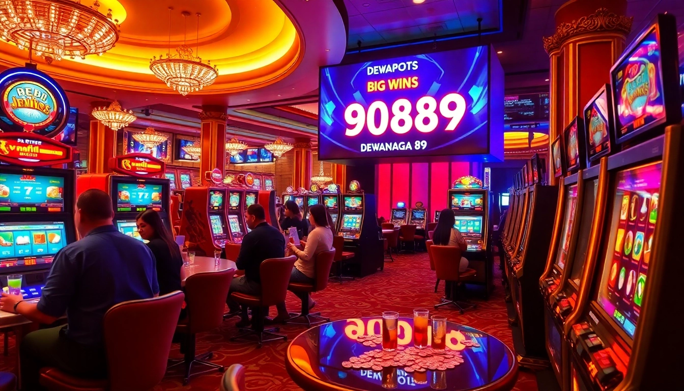 Para pemain merayakan kemenangan besar di mesin slot DEWANAGA89 dalam suasana kasino yang meriah.