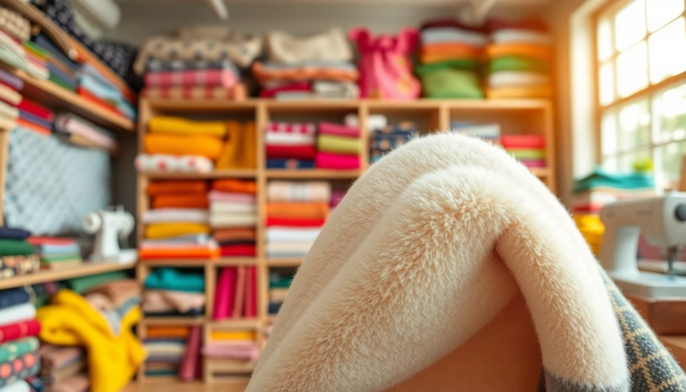 Fleece stof in een goed verlichte stoffenatelier benadrukt zijn zachte textuur.