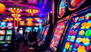 Permainan slot depo pulsa yang menarik dengan suasana kasino yang ceria dan lampu berwarna-warni.