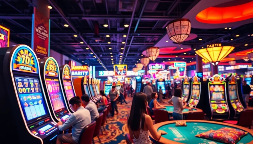 Players enjoying games at an online casino in Alabama surrounded by vibrant slot machines and card tables.