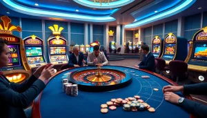 Players engaging in strategic bets at the ga6789 online casino table, surrounded by vibrant slot machines and excitement.