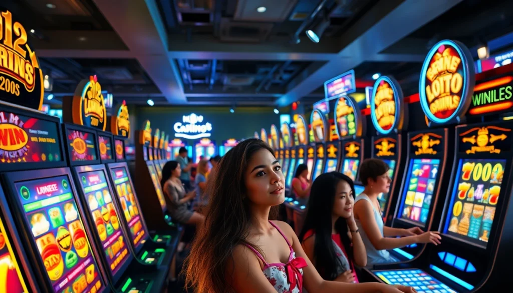 Situs kode4d highlighting an exciting online gaming atmosphere with vibrant slot machines and engaged players.