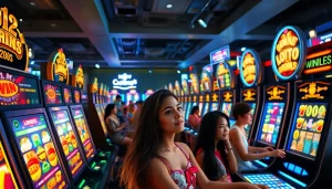 Situs kode4d highlighting an exciting online gaming atmosphere with vibrant slot machines and engaged players.