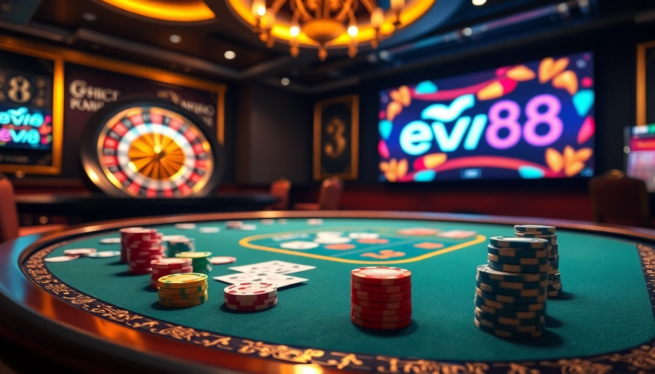 Experience high-stakes gaming at ev88's luxurious casino setup with vibrant poker tables.