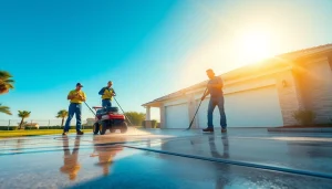 Professionals conducting concrete cleaning using pressure washing in Kissimmee, FL