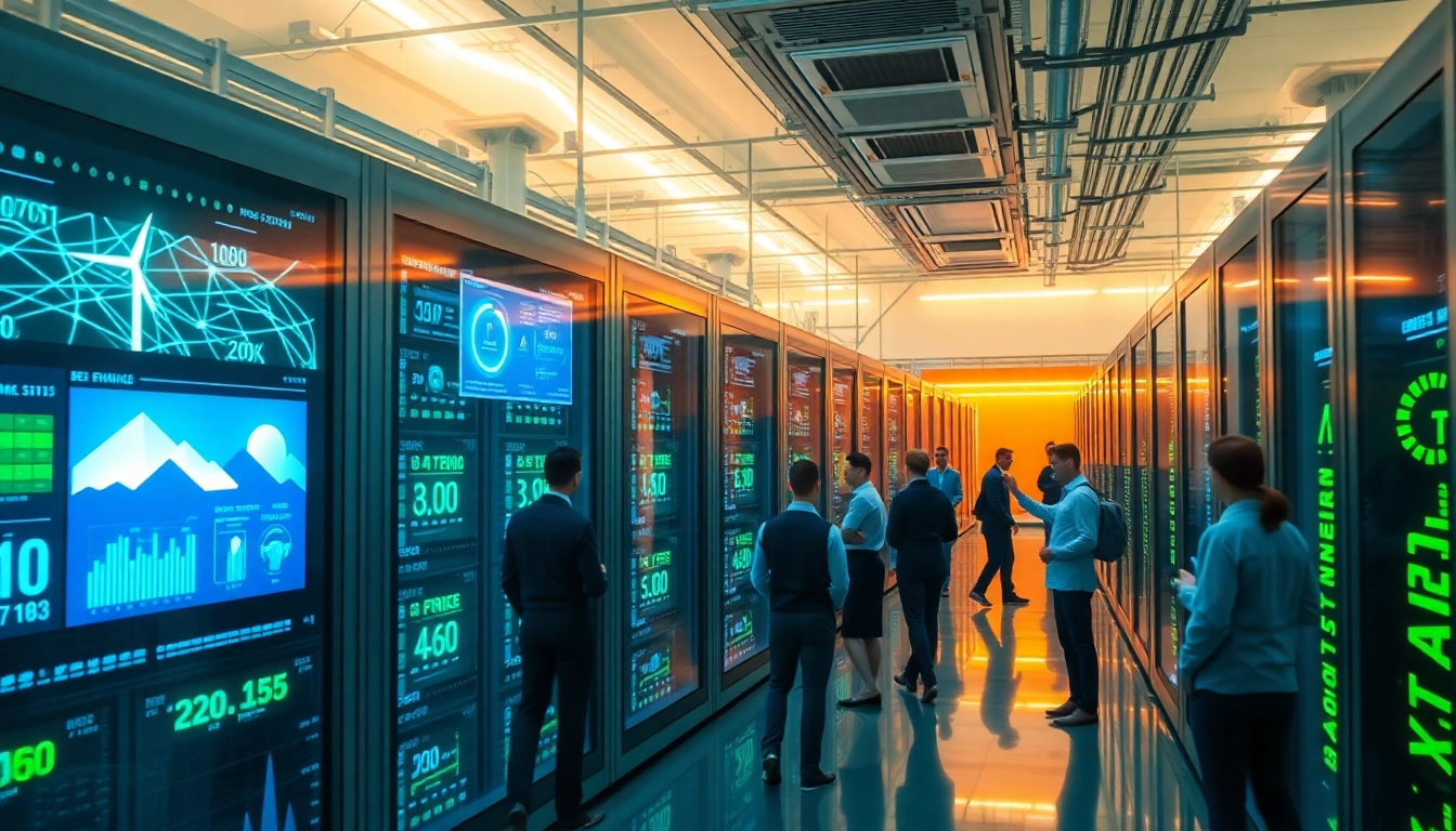 Visual of crypto cloud mining facility showcasing advanced technology and renewable energy sources.